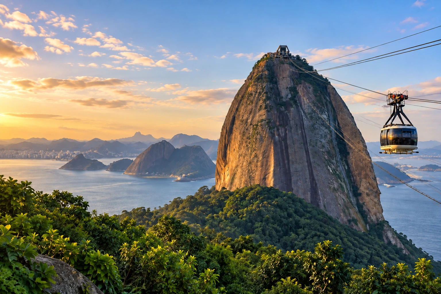 Sugarloaf Mountain and its cable car above Guanabara Bay in golden-hour light