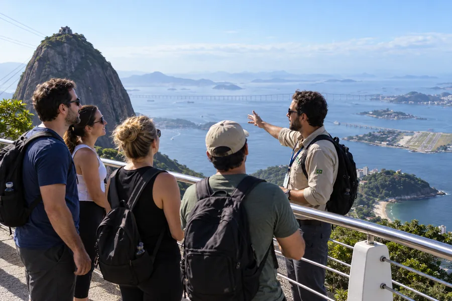 Guide introducing visitors to Sugarloaf Mountain
