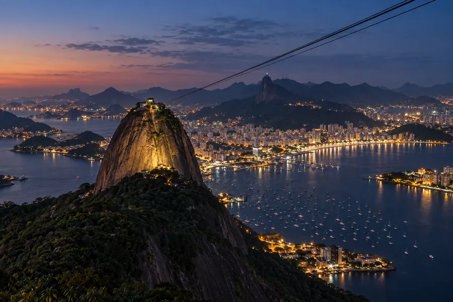 Rio city lights seen from Sugarloaf Mountain in the evening